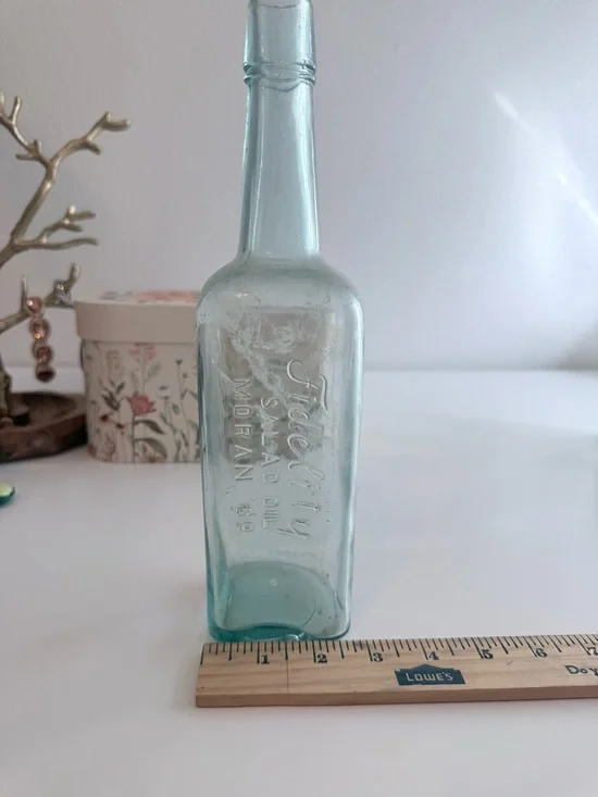 Antique Embossed Aqua Glass Bottle - Salad Oil - Picture 3 of 6